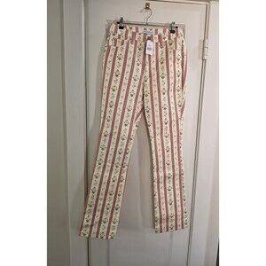 WEWOREWHAT Women's Cream Pink Green Striped Floral Straight-Leg Pants Button